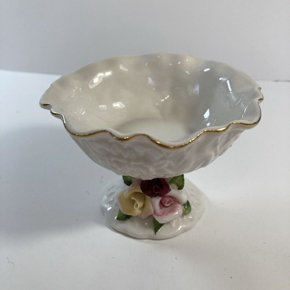 Pedestal Floral Candy Dishes Gold Gilt Ruffled Bone China Flowers